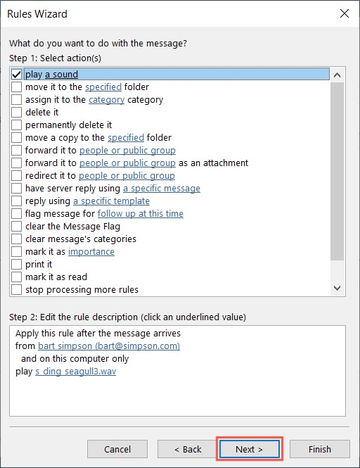 Rules Wizard play a sound actions