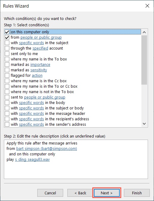 Rules Wizard play a sound conditions