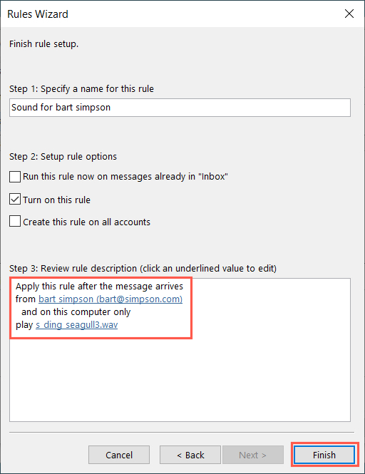 Rules Wizard Finish button