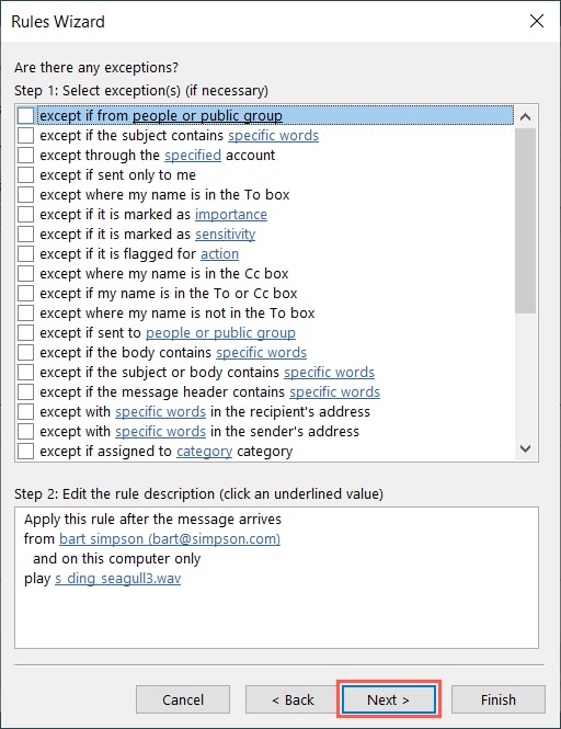 Rules Wizard play a sound exceptions