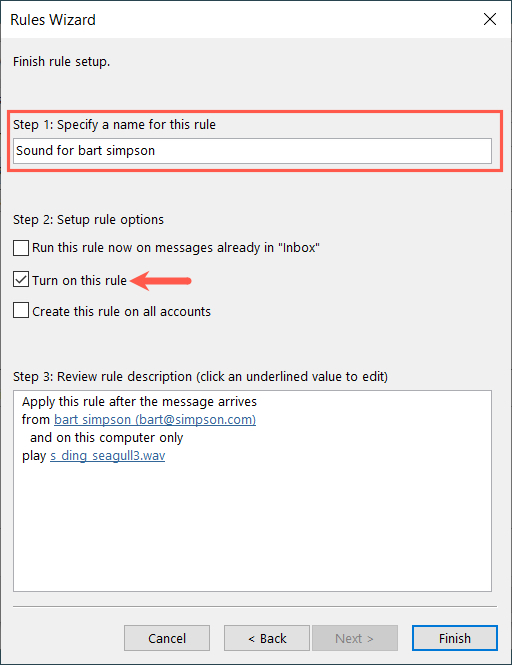 Rules Wizard name and enable the rule