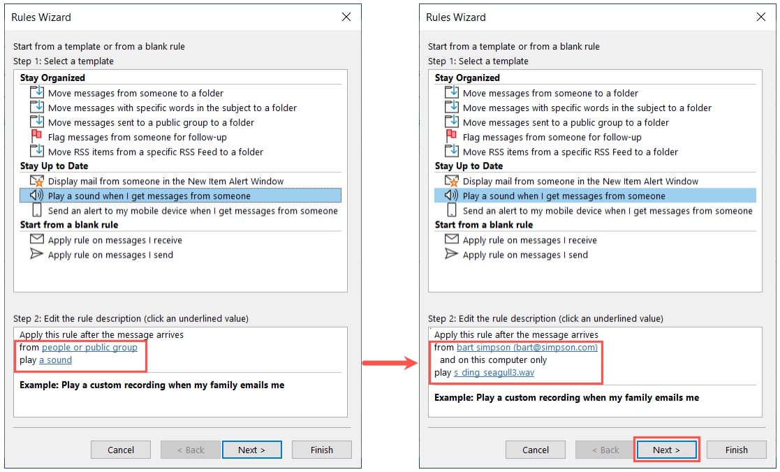 Rules Wizard settings to play a sound