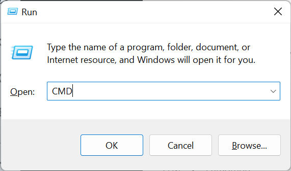 Typing "CMD" in Run dialog box.