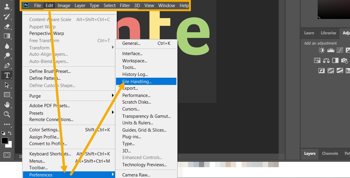 Clicking on "Preferences" and then "File Handling" in Photoshop app.