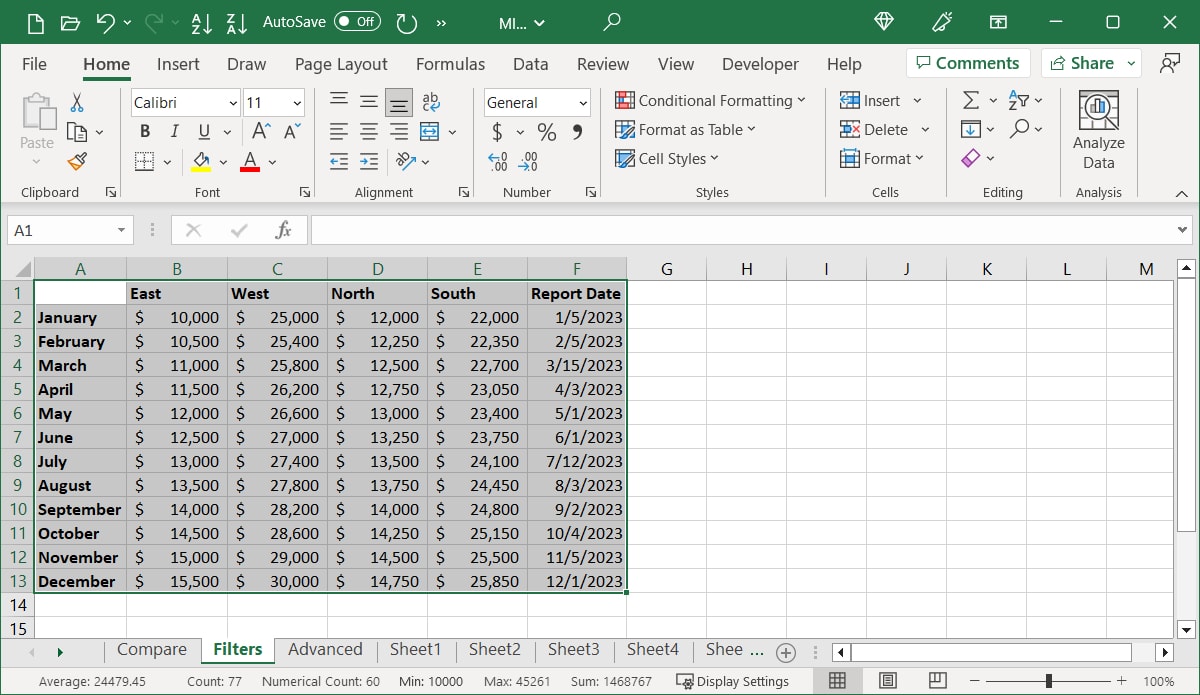 Selected cells for a filter in Excel