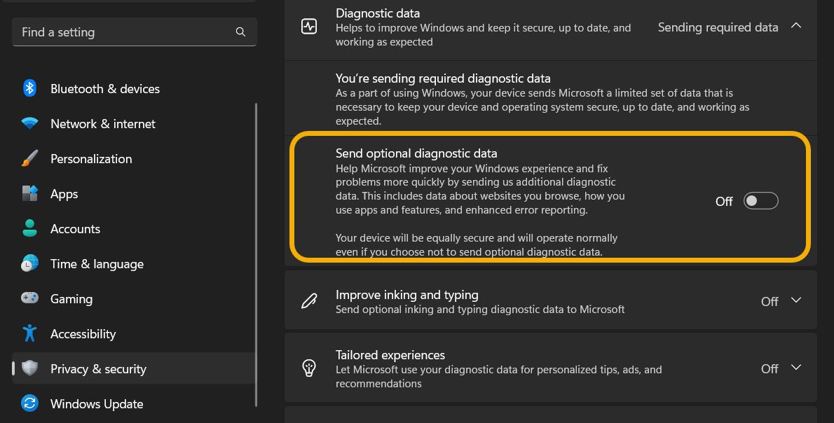 Turning on "Send optional diagnostic data" option under "Diagnostics & feedback."