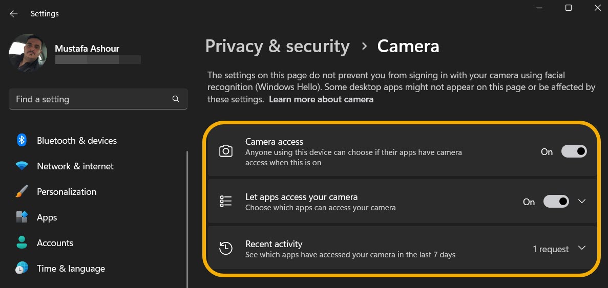 Privacy settings available under Camera in Windows Settings. 