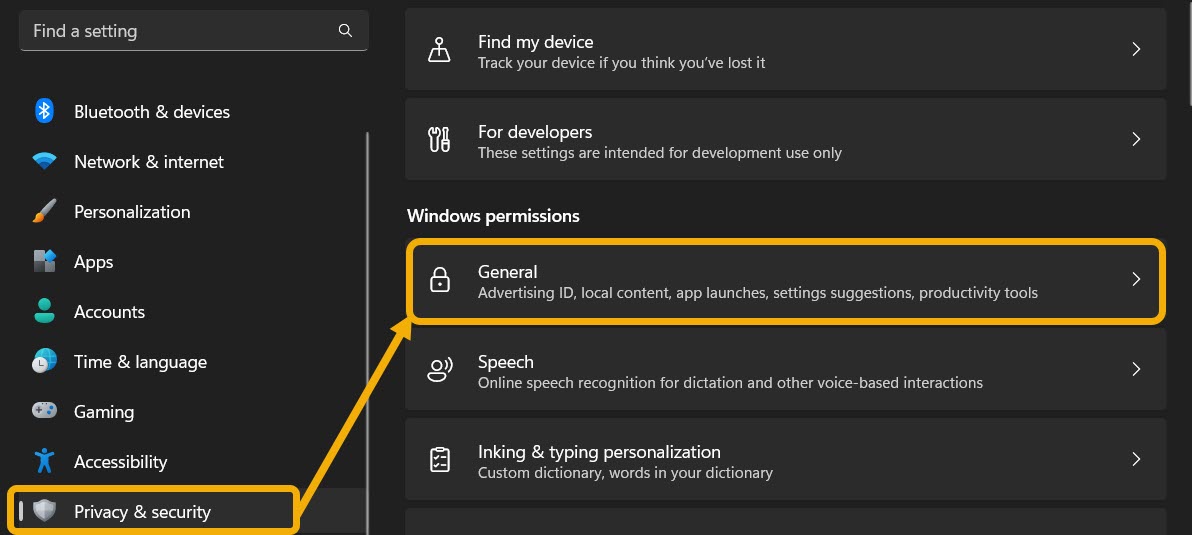 Accessing the "General" section under "Privacy & security" in Windows Settings. 