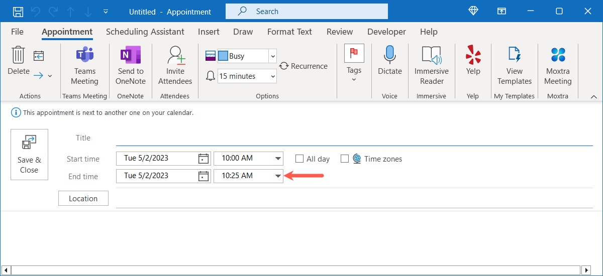 Shortened event in Outlook Calendar