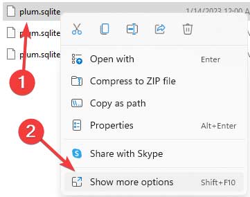 Clicking on "Show more options" in file context menu.