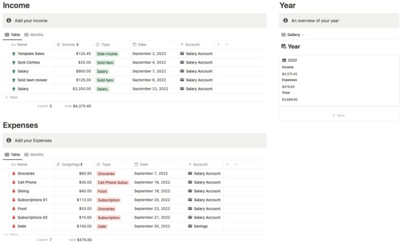 Simple Finance Tracker Income and Expenses sections