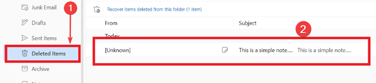 Clicking on "Deleted Items" in Outlook to view deleted Sticky Notes.