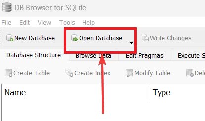 Clicking on the "Open Database" button in DB Browser for SQLite.