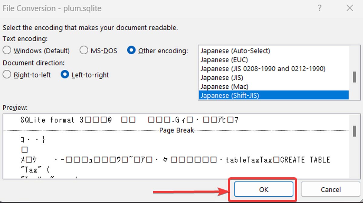 Allow Word to decode .SQLITE file.