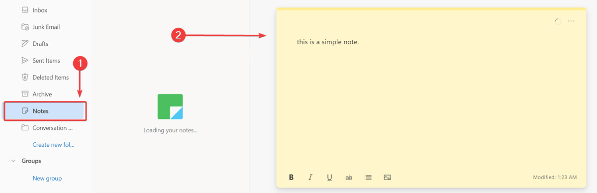 Clicking on "Notes" in Outlook to view Sticky Notes.