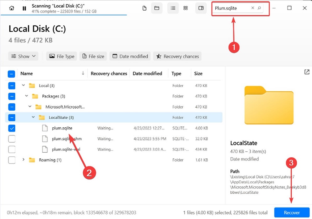 Finding "plum.sqlite" file in Disk Drill scan results.