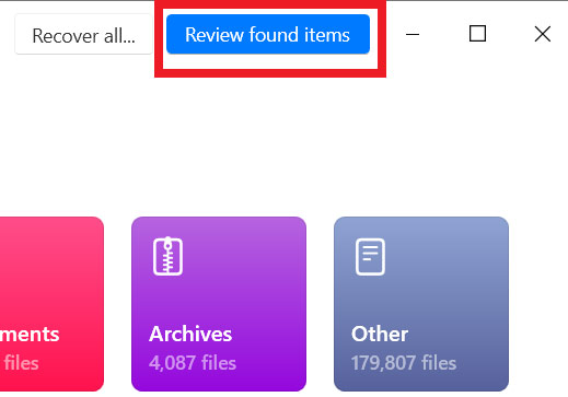 Clicking on "Review found items" button after scan is complete.
