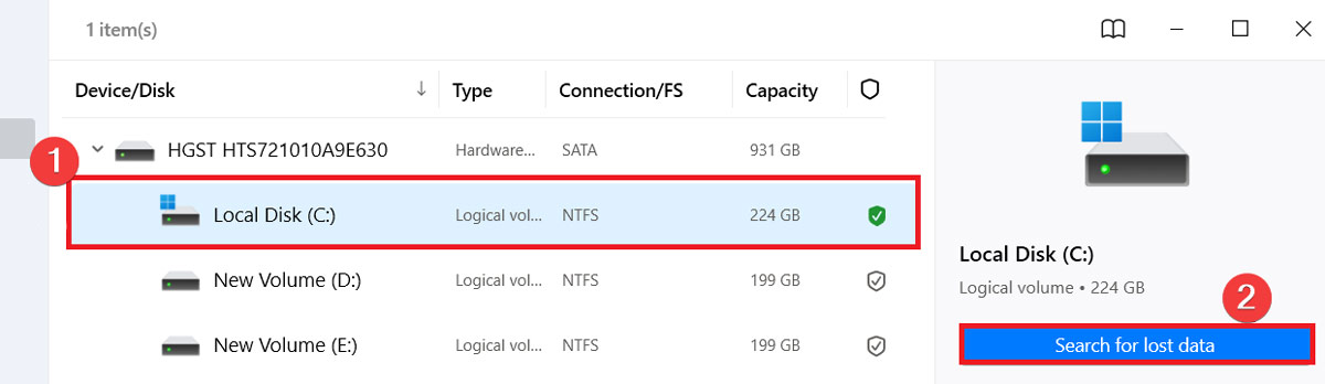 Clicking for "Search for lost data" on your drive of choice.