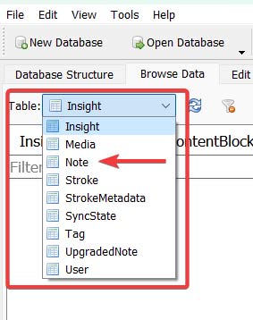 Selecting "Note" option from drop-down menu in DB Browser.