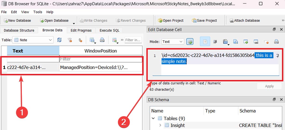 Checking Sticky Notes in DB Browser for SQLite.