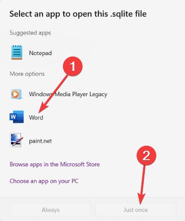Selecting Word to open the .SQLITE file.