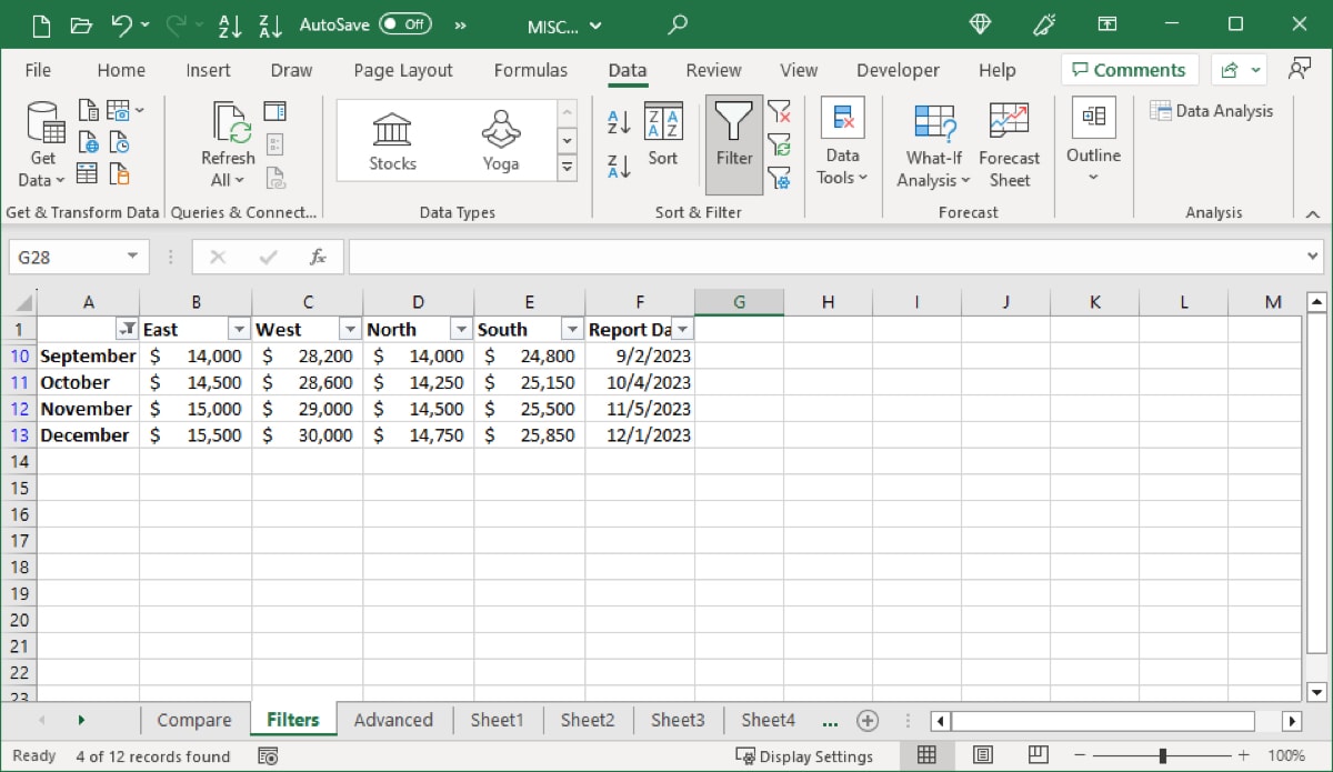 Text filter applied in Excel