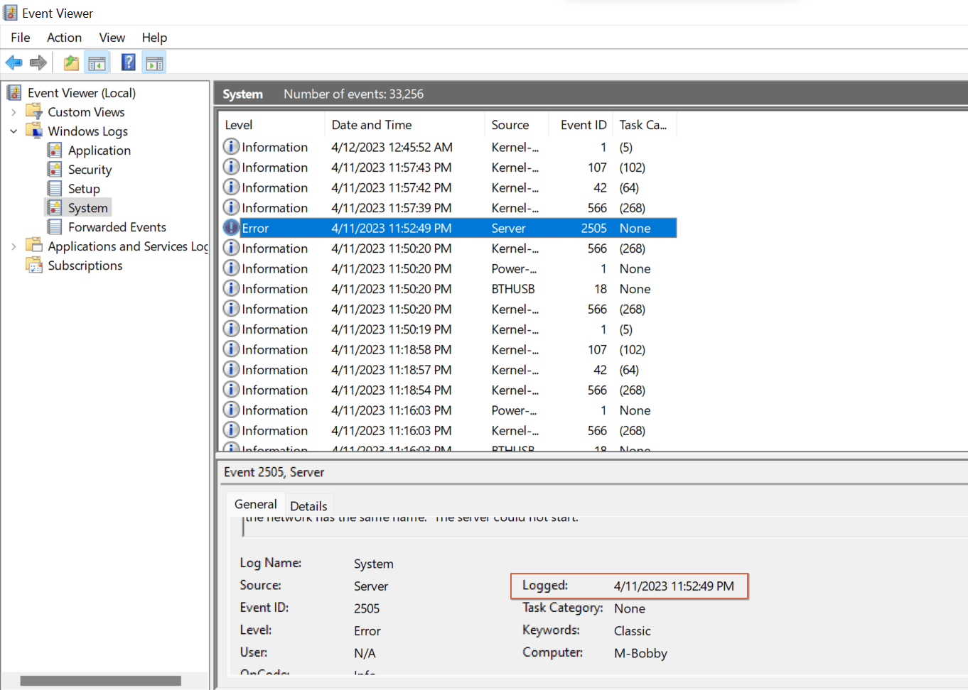 Windows Logs view in Event Viewer. 