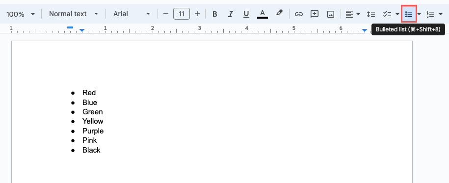 Bullet List button in the Google Docs toolbar