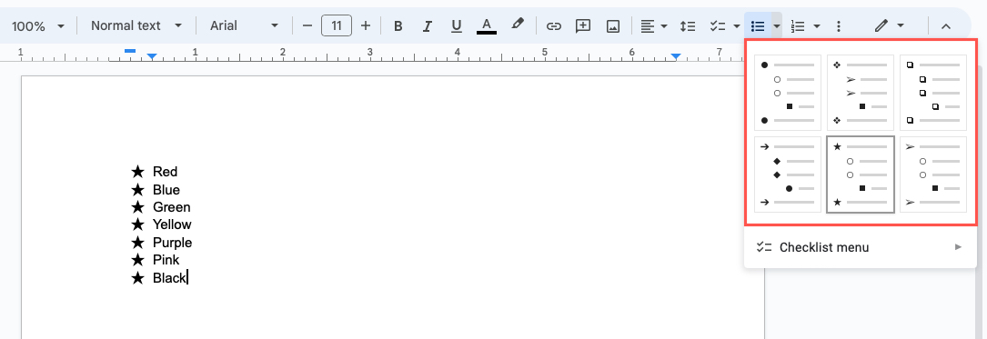 Bullet List Menu in the Google Docs toolbar