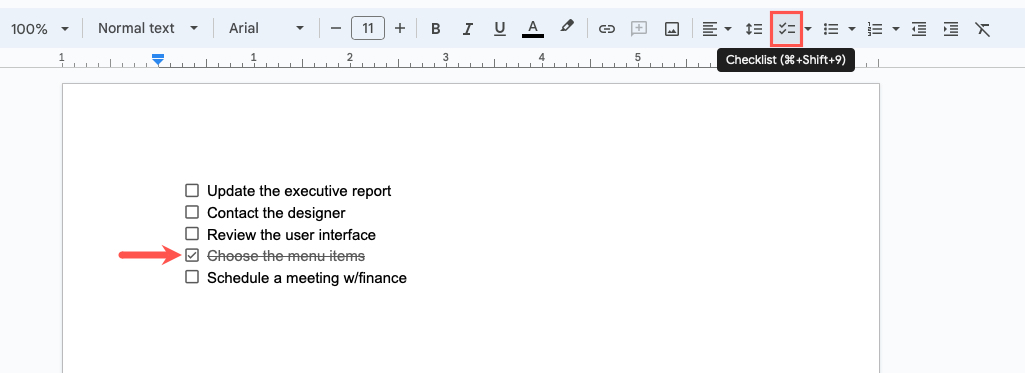 Checklist button in the Google Docs toolbar
