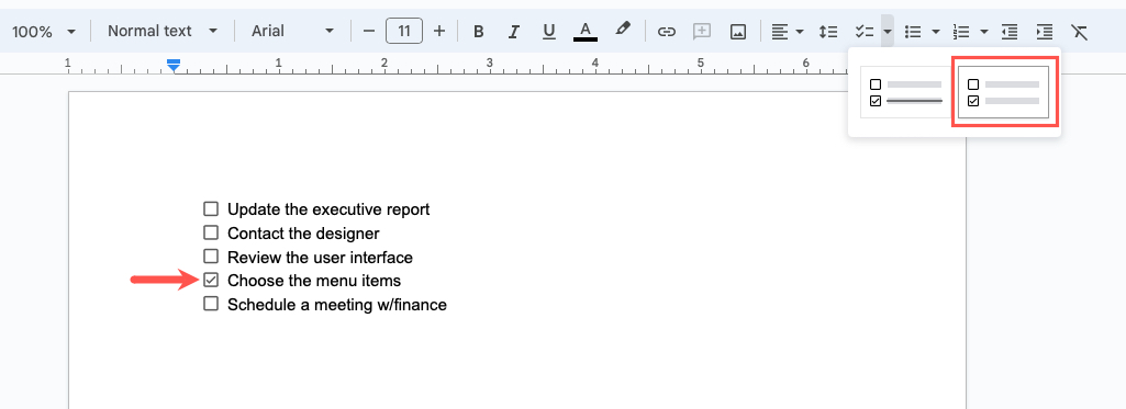 Checklist Menu button in the Google Docs toolbar