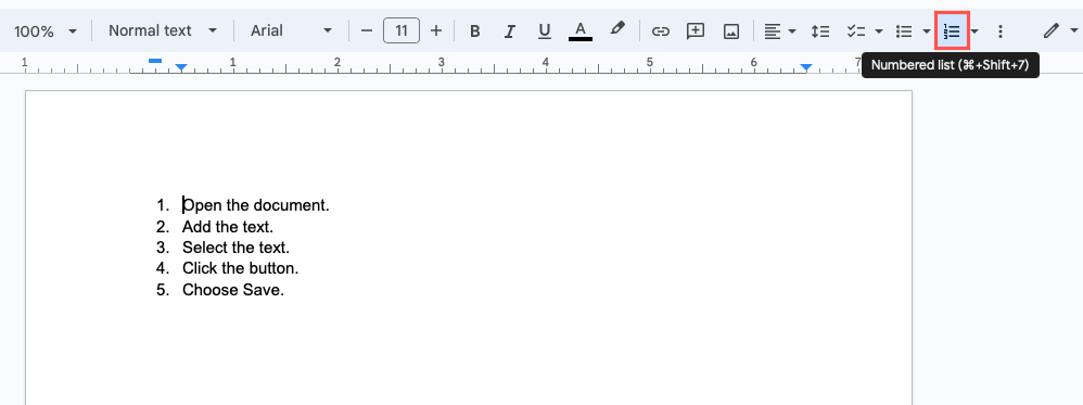 Numbered List button in the Google Docs toolbar