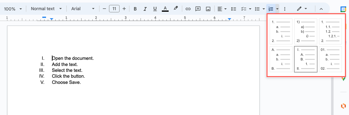 Bullet List Menu in the Google Docs toolbar