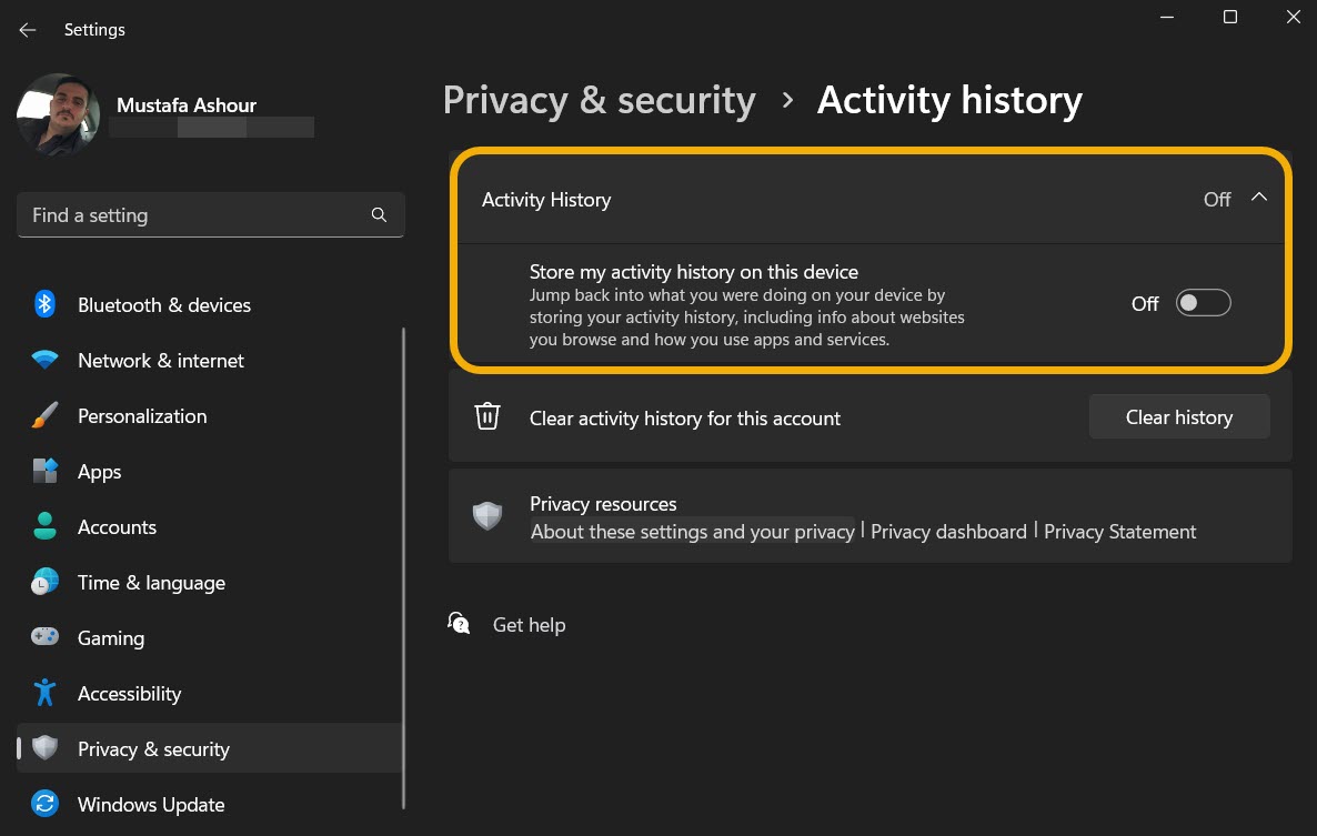 Turning "Activity History" off in Windows Settings. 