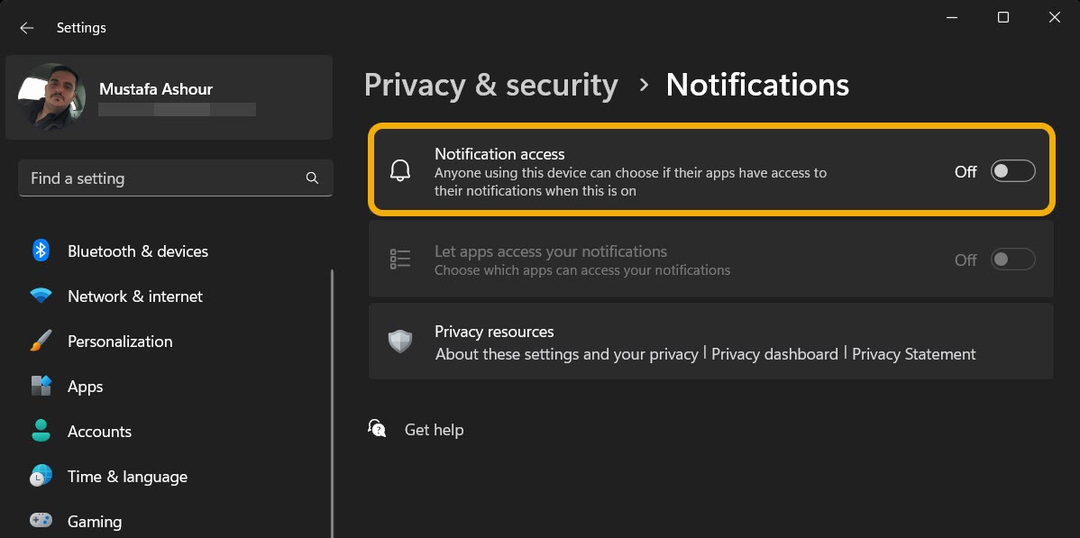 Disabling "Notification access" via Windows Settings. 