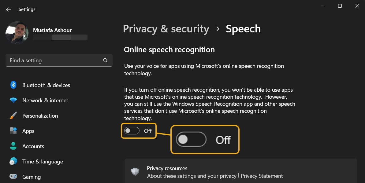 Turning "Online speech recognition" off under "Speech" section in Windows Settings.