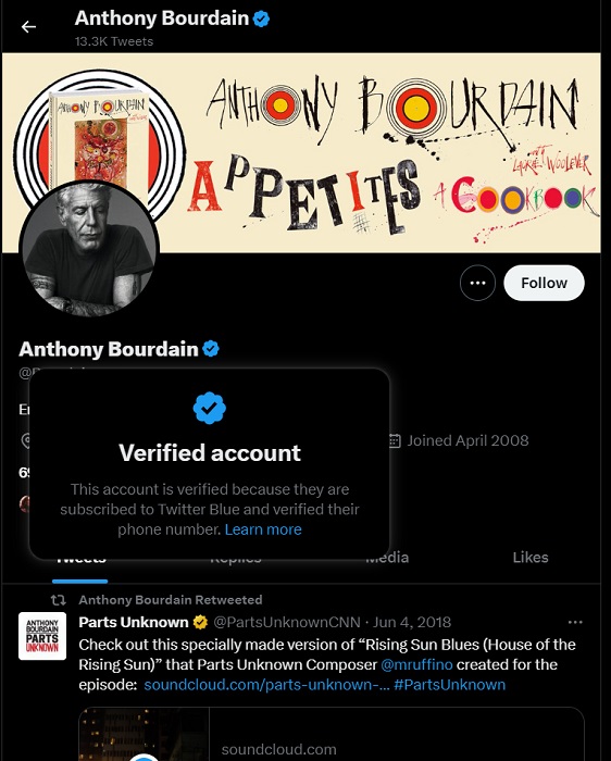 Anthony Bourdain Twitter Blue verified