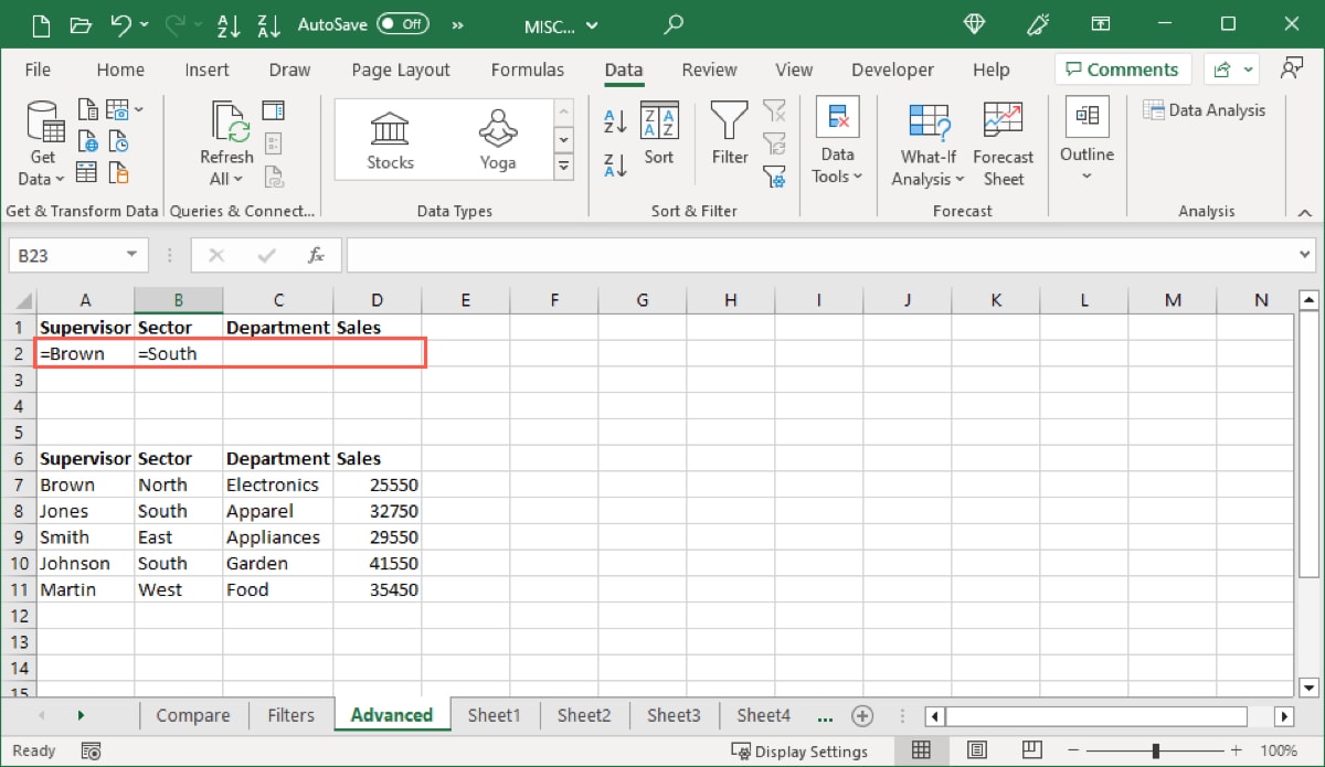 Two conditions using AND for an advanced filter