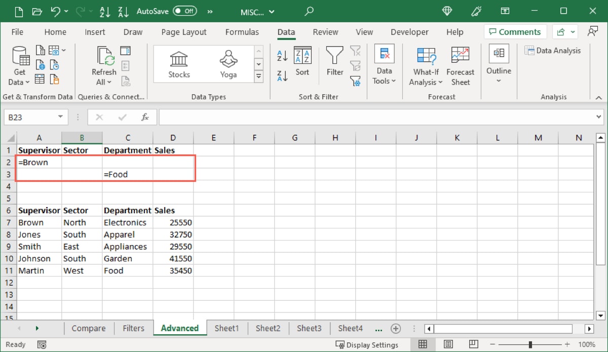 Two conditions using OR for an advanced filter