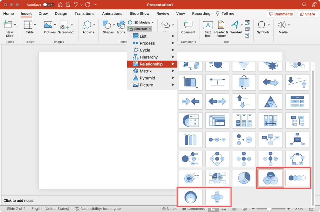 Venn diagram types in PowerPoint on Mac