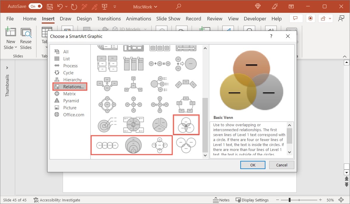 Venn diagram types in PowerPoint on Windows