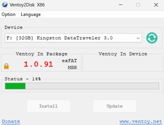 USB installation in Ventoy in progress.