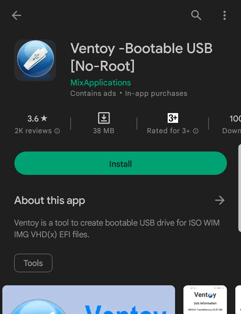 Ventoy app view in the Play Store.