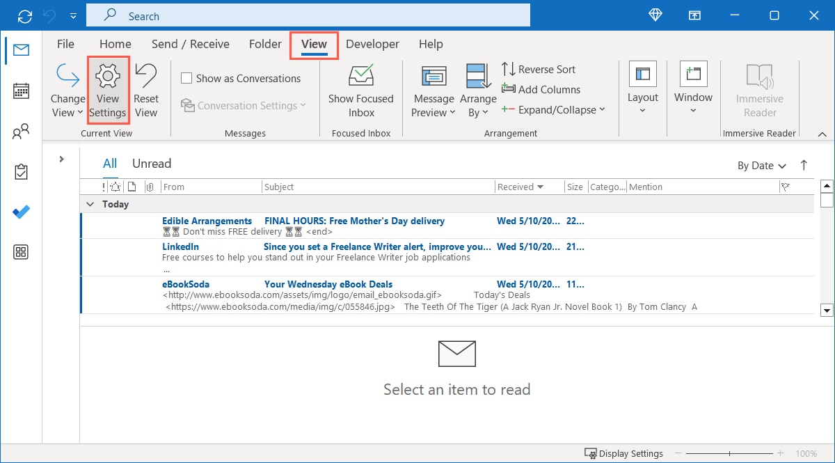 View Settings on the View tab in Outlook