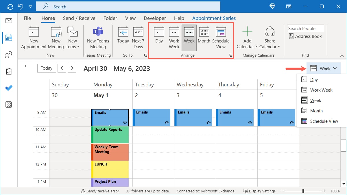 Views options in Outlook Calendar