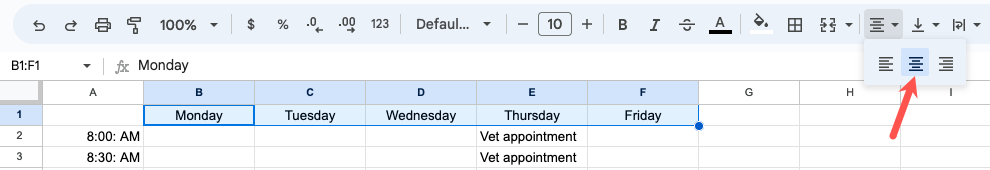 Align Center in the Google Sheets toolbar