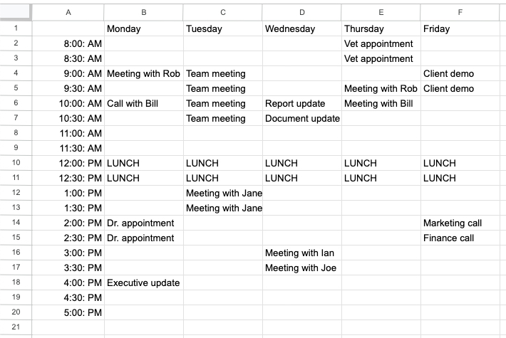 Weekly schedule in Google Sheets