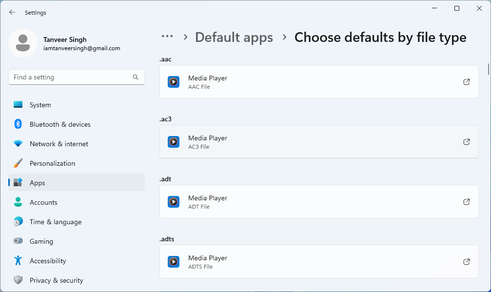 Default apps view in Windows 11.