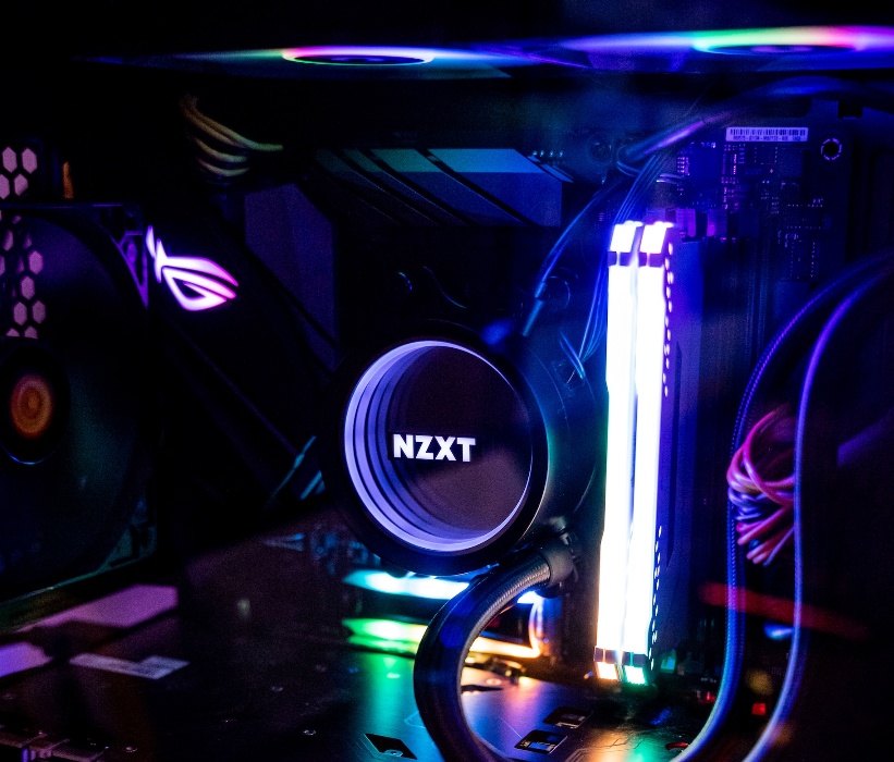 Inside look at PC with RGB lighting on.