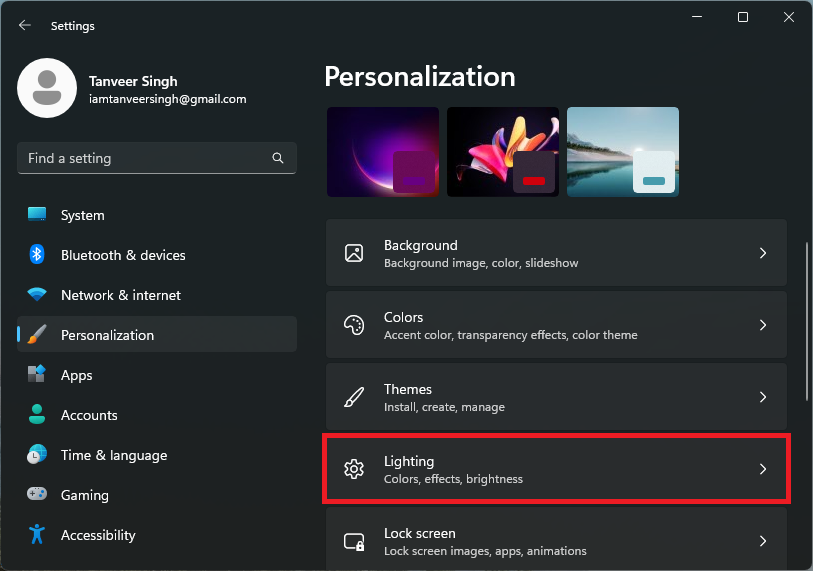 Accessing the "Lighting" option from Windows Settings. 